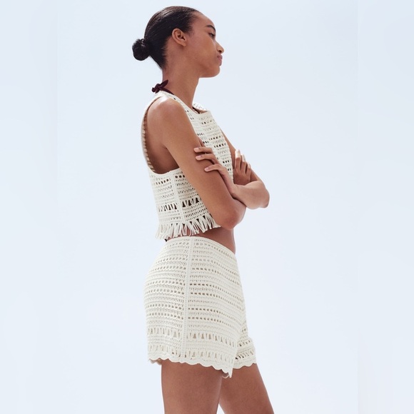 H&M Women's High Waist Cream Crochet Shorts - Picture 2 of 8
